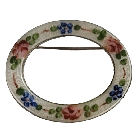 Lamode Sterling Silver Green Enamel Guilloche Open Oval Pin Brooch, Signed K932 - Picture 1 of 8